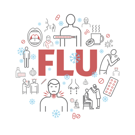 Flu symptoms. Influenza. Treatment. Web banner. Line icons set. Vector signs for web graphicsのイラスト素材