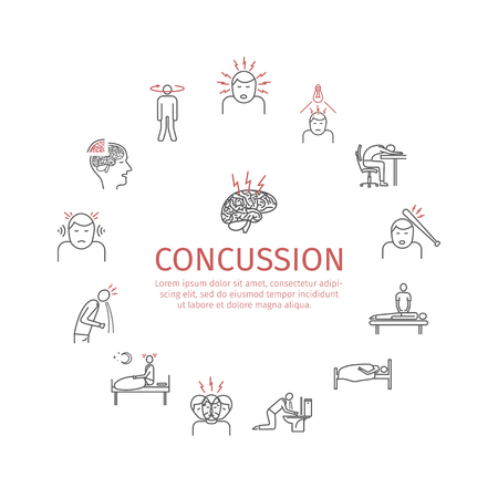 Concussion. Symptoms in Line icons set. Vector signs for web graphics.のイラスト素材