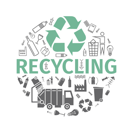 Recycling banner. Line and flat icons. Waste sorting set. Vector illustration.のイラスト素材