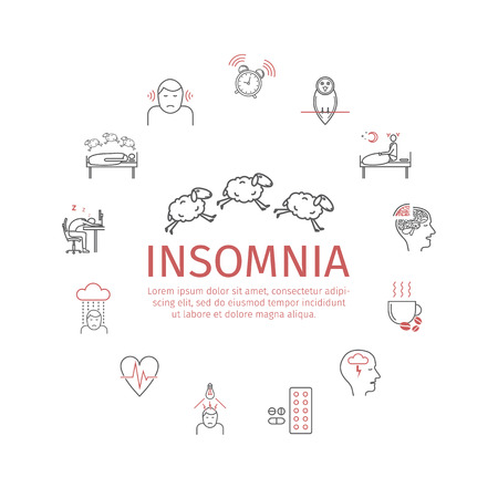 Insomnia banner, Symptoms. Line icons set. Vector signs for web graphics.のイラスト素材