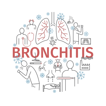 Bronchitis. Round banner. Symptoms, Treatment. Line icons set. Vector signs.のイラスト素材
