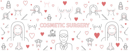 Line infographics of Plastic Surgery, cosmetic surgery banner. Breast augmentation signs. Vector symbolsのイラスト素材