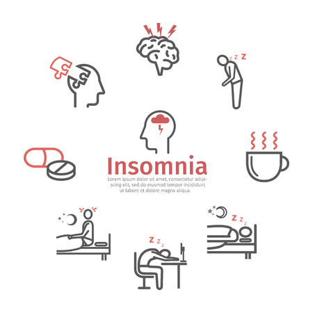Insomnia, Symptoms. Line icons set. Vector signs for webのイラスト素材