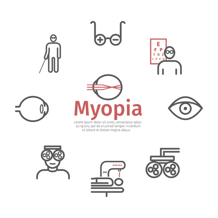Myopia line icons set. Vector illustration for websites, magazines, brochuresのイラスト素材