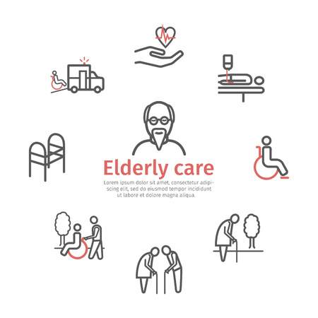 Elderly services icons set. Care Help and Accessibility. Disabled People. Vector illustration.のイラスト素材