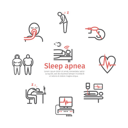 Sleep Apnea. Symptoms, Treatment. Line icons. Vector signs for web graphicsのイラスト素材
