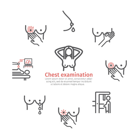 Breast examination banner, line icons. Vector signs for web graphics.のイラスト素材