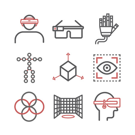 Devices for virtual reality VR. Line icons set. Vector signs for web graphics.のイラスト素材