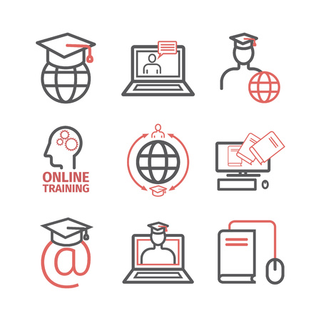 Online education line icons. Virtual medical consultation. Vector signs for web graphics..のイラスト素材