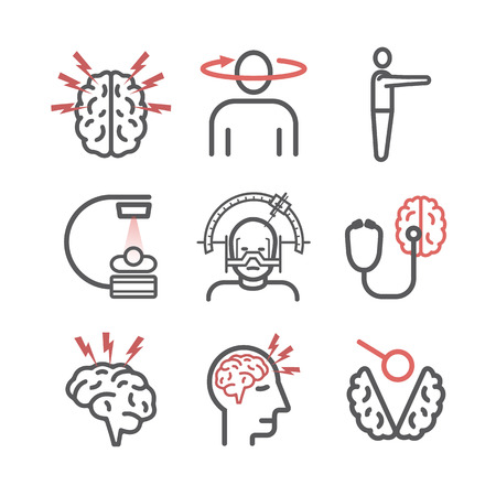 Brain Tumor Cancer Symptoms. Diagnostics. Blood cancer signs. Line icons set. Vector signs for web graphics.のイラスト素材