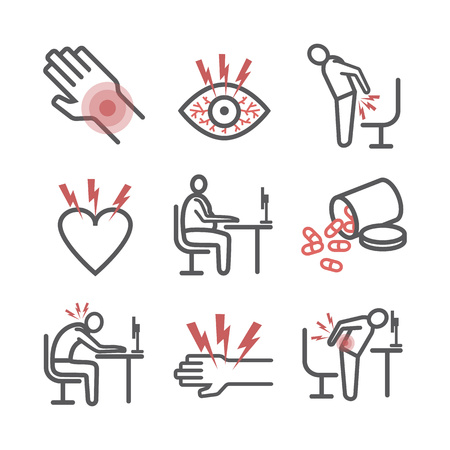 Office syndrome infographic. Symptoms and causes. Line icons set. Vector signs for web graphics.のイラスト素材