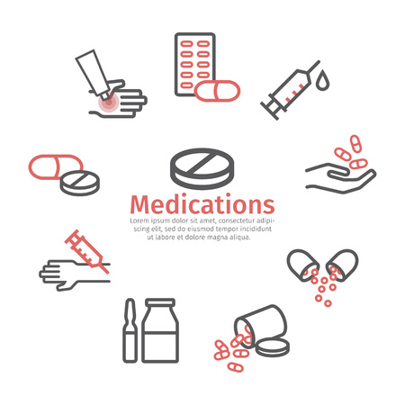 Medications banner. Medical supplies line icons set. Vector signのイラスト素材