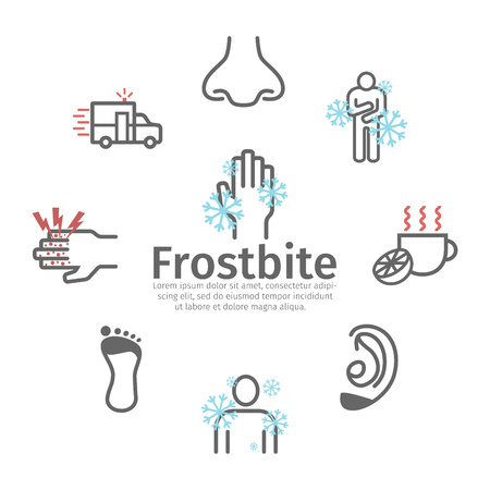 Frostbite. Symptoms, Line icons set. Vector signs for web graphicsのイラスト素材