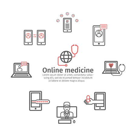 Online diagnosis and treatment banner. Virtual medical consultation infographic . Vector line icons. infographic set.のイラスト素材