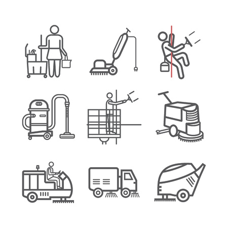 Cleaning Service line icons. Worker. Vacuum Scrubber. Sweeper Machines. Vector illustration.のイラスト素材