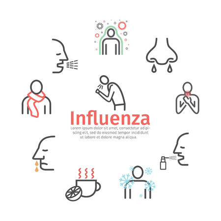 Flu Symptoms. Influenza. Treatment. Web Banner. Line icons set. Vector signs for web graphicsのイラスト素材