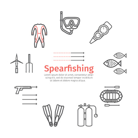 Spearfishing banner. Diving colored icons Vector illustrationのイラスト素材