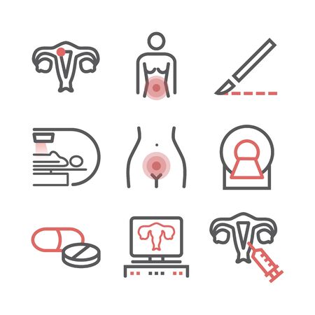 Cervical Cancer. Symptoms, Causes, Treatment. Line icons set. Vector signs for web graphics.のイラスト素材