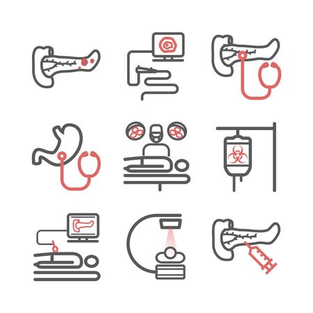 Pancreatic Pancreas Cancer Symptoms. Causes. Diagnostics. Line icons set. Vector signs for web graphicsのイラスト素材