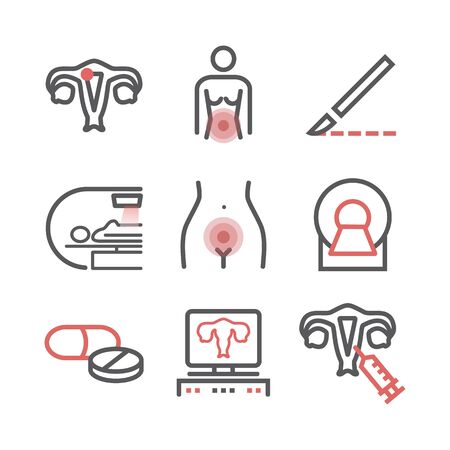 Uterine cancer. Symptoms, Causes, Treatment. Line icons set. Vector signs for web graphics.のイラスト素材