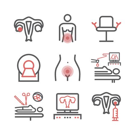 Ovarian Cancer. Symptoms, Causes, Treatment. Line icons set. Vector signs for web graphics.のイラスト素材