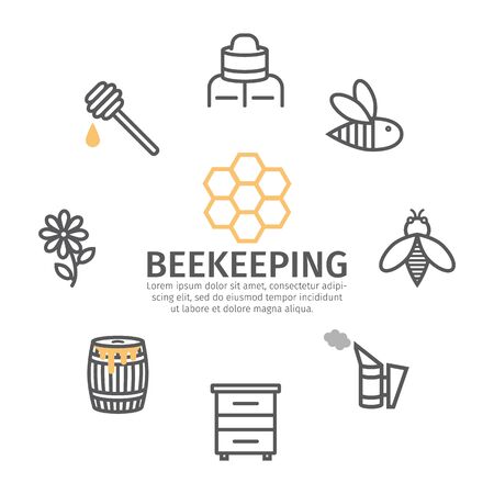 Beekeeping banner line icon set. Honey icons, thin line style.のイラスト素材