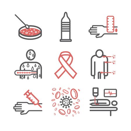 HIV AIDS Symptoms, Treatment. Line icons set. Vector illustrationのイラスト素材