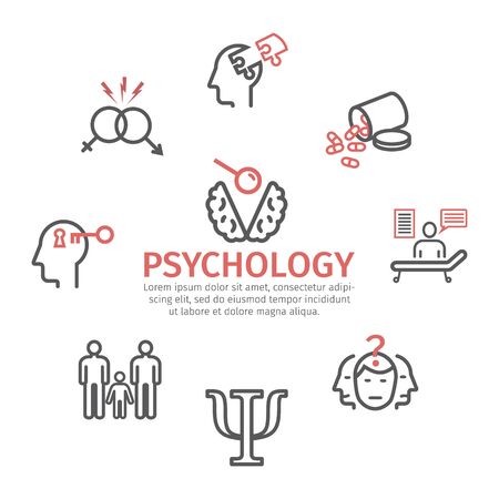 Psychology banner, line icons set. Conceptual signs. Vector illustrationのイラスト素材