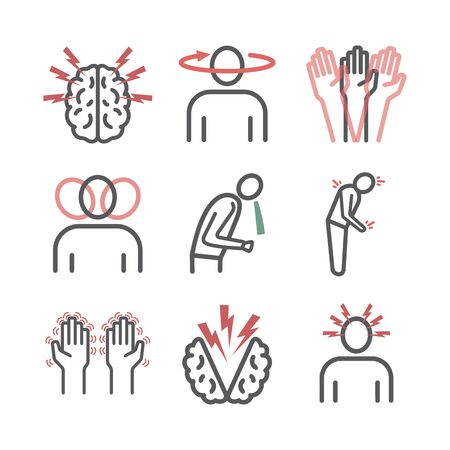 Concussion. Symptoms, Treatment. Line icons set. Vector signs for web graphics.のイラスト素材