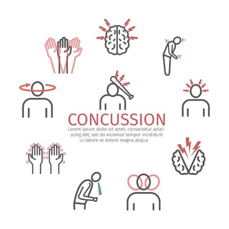 Concussion banner. Symptoms, Treatment. Line icons set. Vector signs for web graphics.のイラスト素材