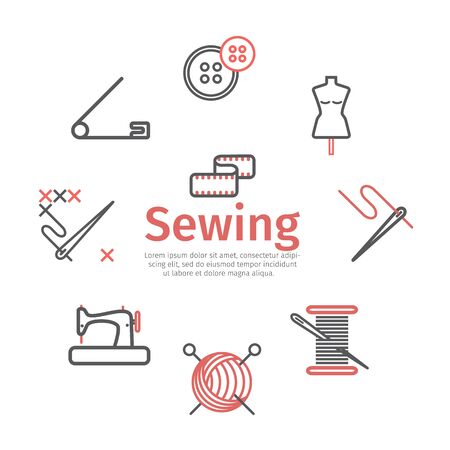 Sewing banner, infographics, Tailoring line icons. Vector signs for web graphics.のイラスト素材