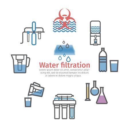Water purification banner, filters line icons. Vector signs for web graphics.のイラスト素材