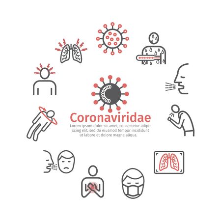 Coronaviridae line icons. Symptoms. Vector signs for web graphicsのイラスト素材