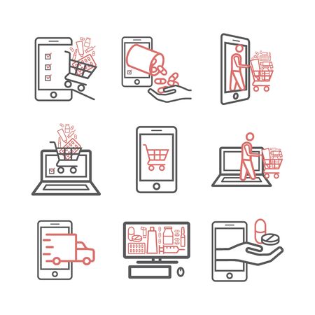 Pharmacy Online. Line icon. Ordering drugs. Vector signs for web graphics.のイラスト素材