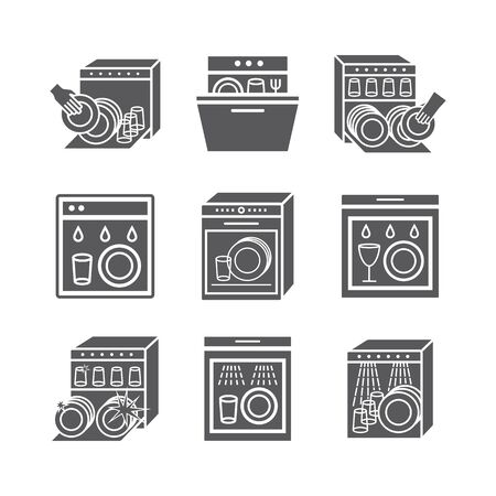 Dishwasher line icons set. Cleaning dishes symbol. Vector signs for web graphic.のイラスト素材