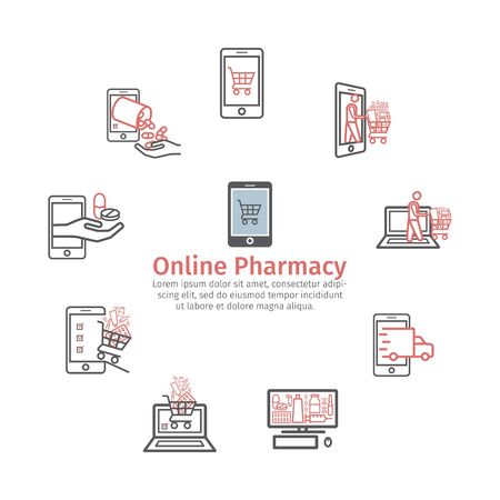 Pharmacy Online. Infographics. Line icon. Ordering drugs. Vector signs for web graphics.のイラスト素材