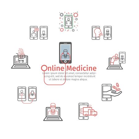 Online medicine line icons. Infographics. Video communication with doctors. Vector signs for web graphicsのイラスト素材