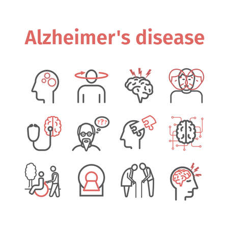 Alzheimers disease and dementia. Symptoms. Line icons set. Vector signs for web graphics.のイラスト素材