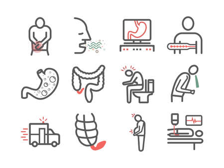 Appendicitis. Symptoms, Treatment. Line icons set. Vector signs for web graphics.のイラスト素材