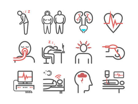 Sleep Apnea. Symptoms, Treatment. Line icons set. Vector signs for web graphics.のイラスト素材