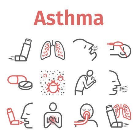 Asthma banner. Symptoms. Asthma line icons. Vector signs for web graphics.のイラスト素材