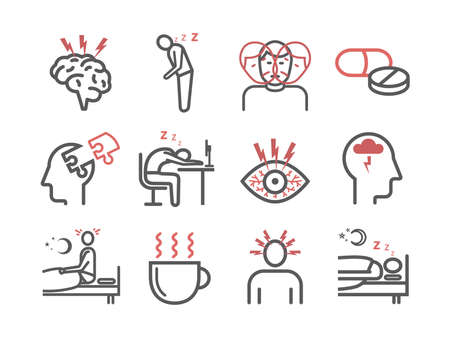 Insomnia, Symptoms. Line icons set. Vector signs for web graphics.のイラスト素材