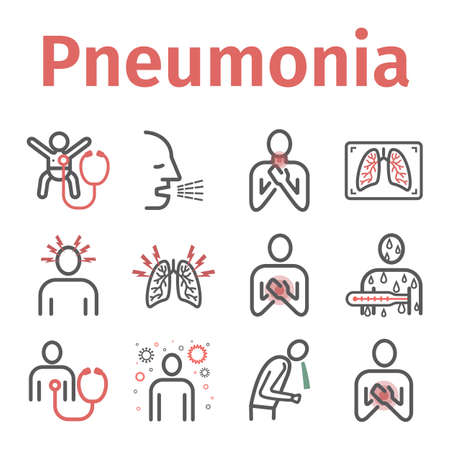 Pneumonia. Symptoms, Treatment. Line icons set. Vector infographics.のイラスト素材