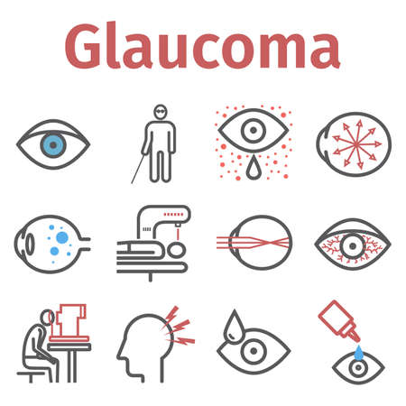 Glaucoma. Symptoms, Treatment. Line icons set. Vector signs for web graphics.のイラスト素材