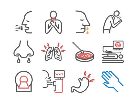 Cystic Fibrosis. Symptoms, Treatment. Line icons set. Vector signs for web graphics.のイラスト素材