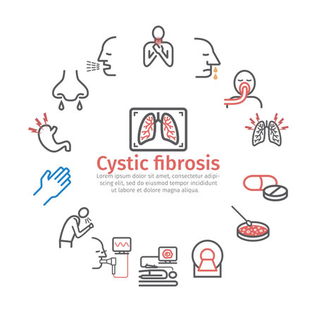 Cystic Fibrosis. Symptoms, Treatment. Line icons set. Vector signs for web graphics.のイラスト素材