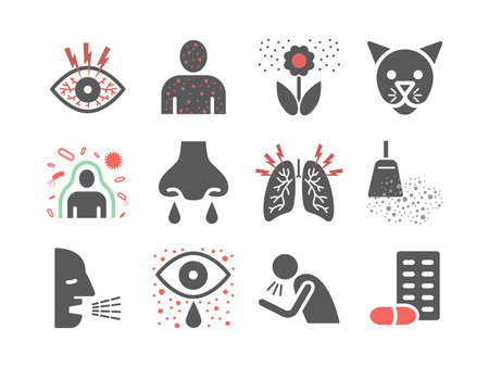 Allergy. Causes, symptoms. Flat icons set. Vector signs for web graphics.のイラスト素材
