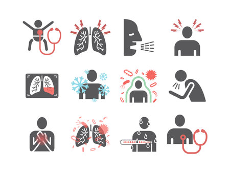 Pneumonia. Symptoms, Treatment. Flat icons set. Vector infographics.のイラスト素材