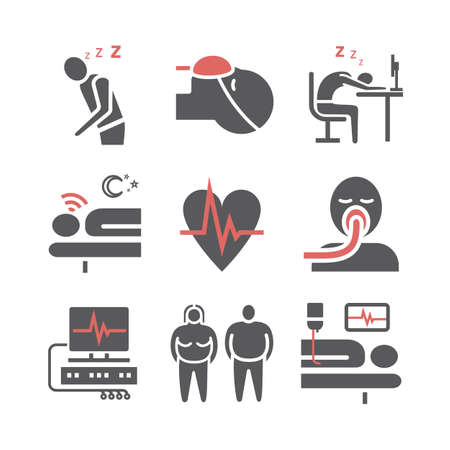 Sleep Apnea. Symptoms, Treatment. Flat icons set. Vector signs for web graphics.のイラスト素材