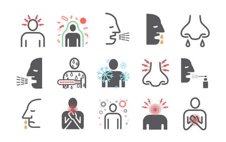 Influenza. Flu Symptoms, Treatment. Line icons set. Vector signs for web graphics.のイラスト素材